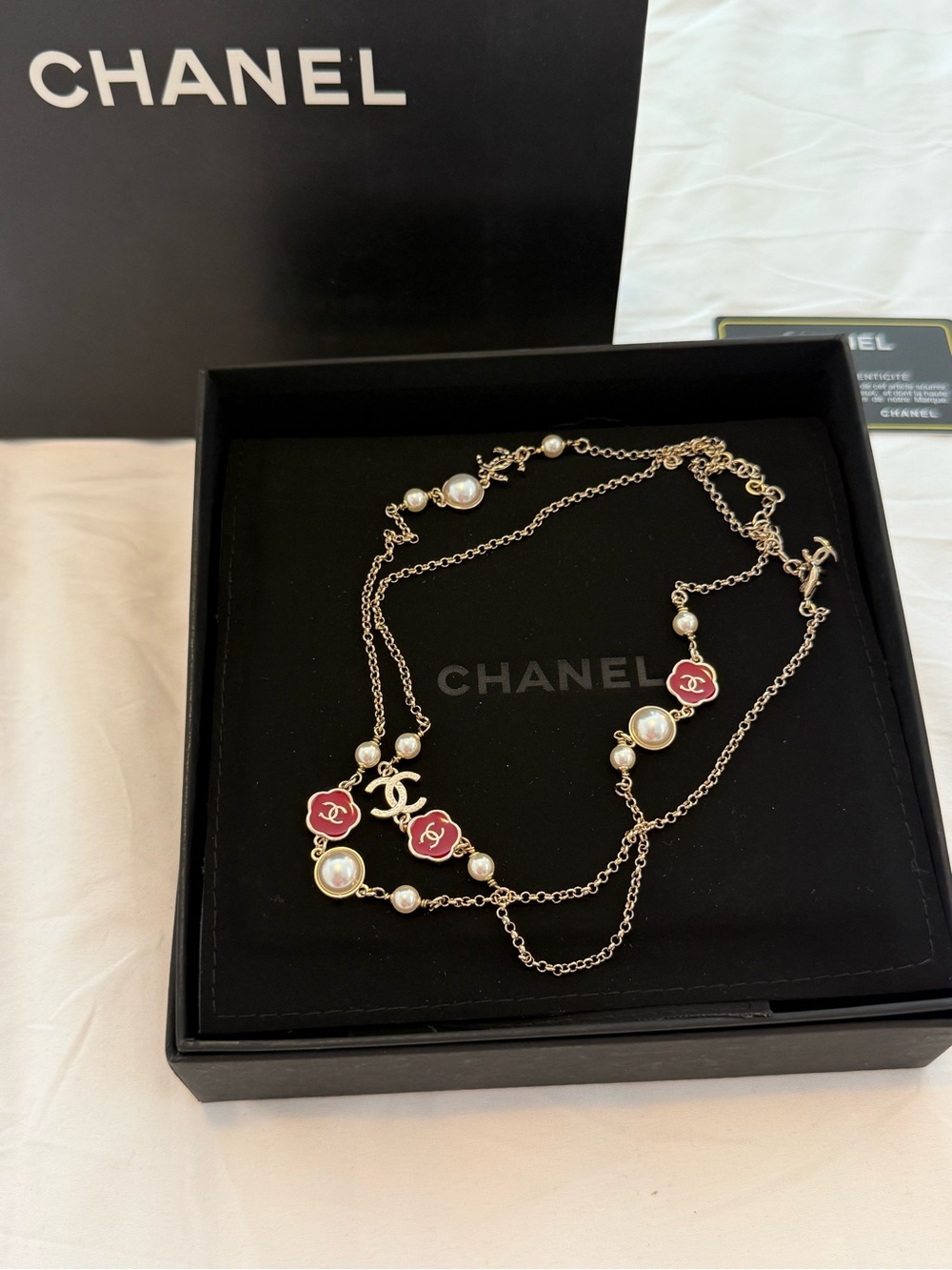 Authentic CHANEL Red Camellia & Pearl CC Long Necklace – ABF948